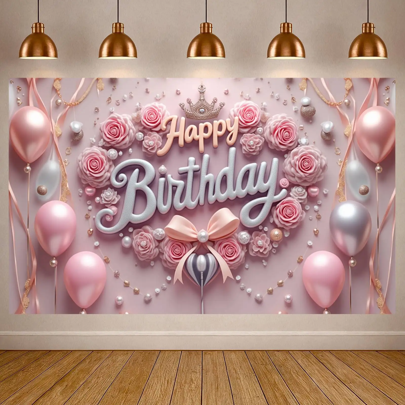Bannière à thème rose, Design Floral, affichage de célébration d'anniversaire, couronne royale, lettrage brillant, arrière-plan d'anniversaire de princesse pour filles