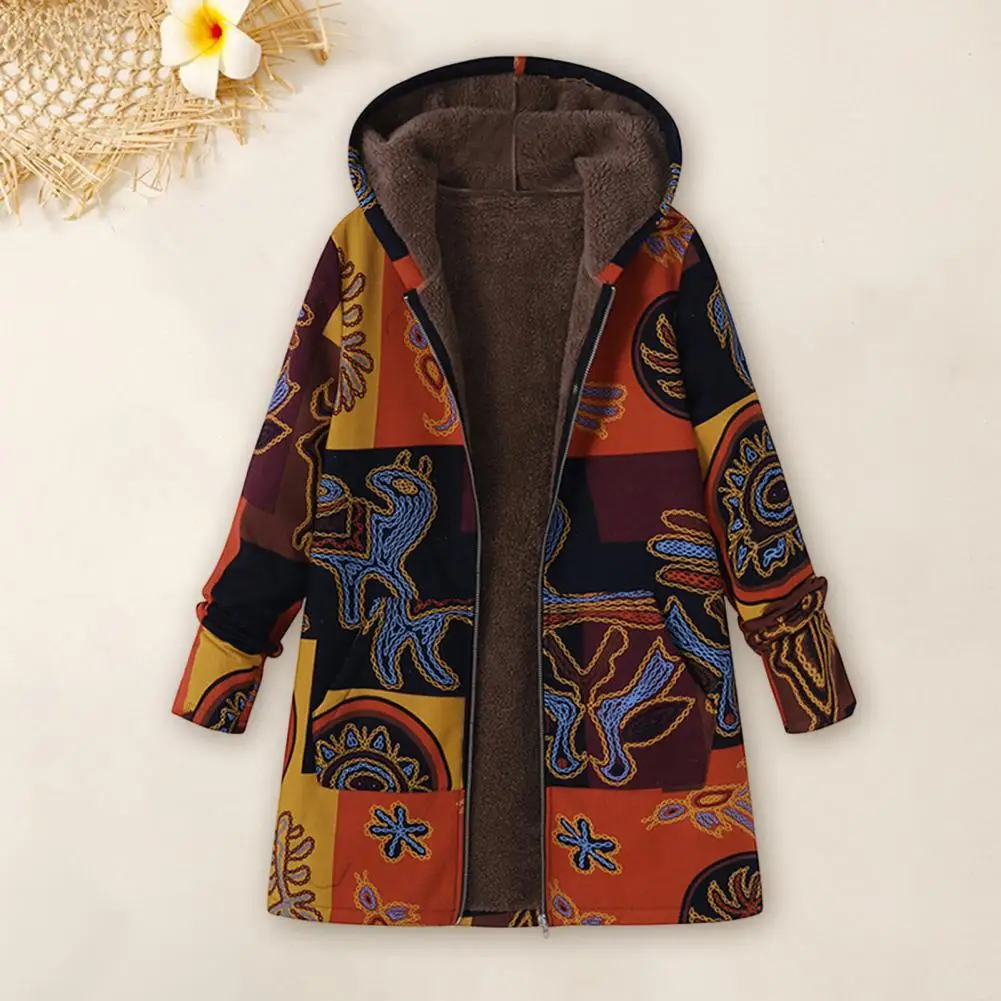 Women Thermal Jacket Stylish Floral Print Winter Coat With Hood Pockets For Women Warm Cozy Zip-up Jacket With Heat For Wear