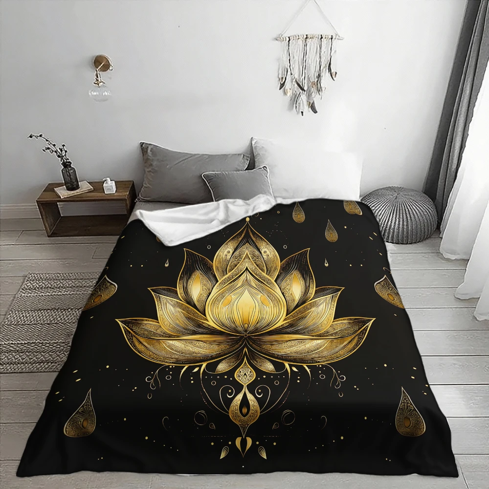 Golden for Lotus Mandala, Spiritual Gift, Soft Blanket, Black And Golden Floral Design, Multi-Purpose Home Decor, Cozy Comfort