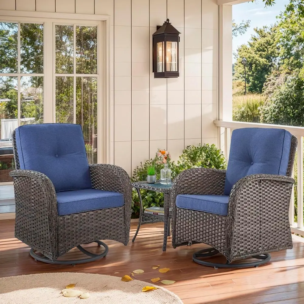

3-Piece Outdoor Swivel Rocker Patio Set with Glass Table and Blue Cushions