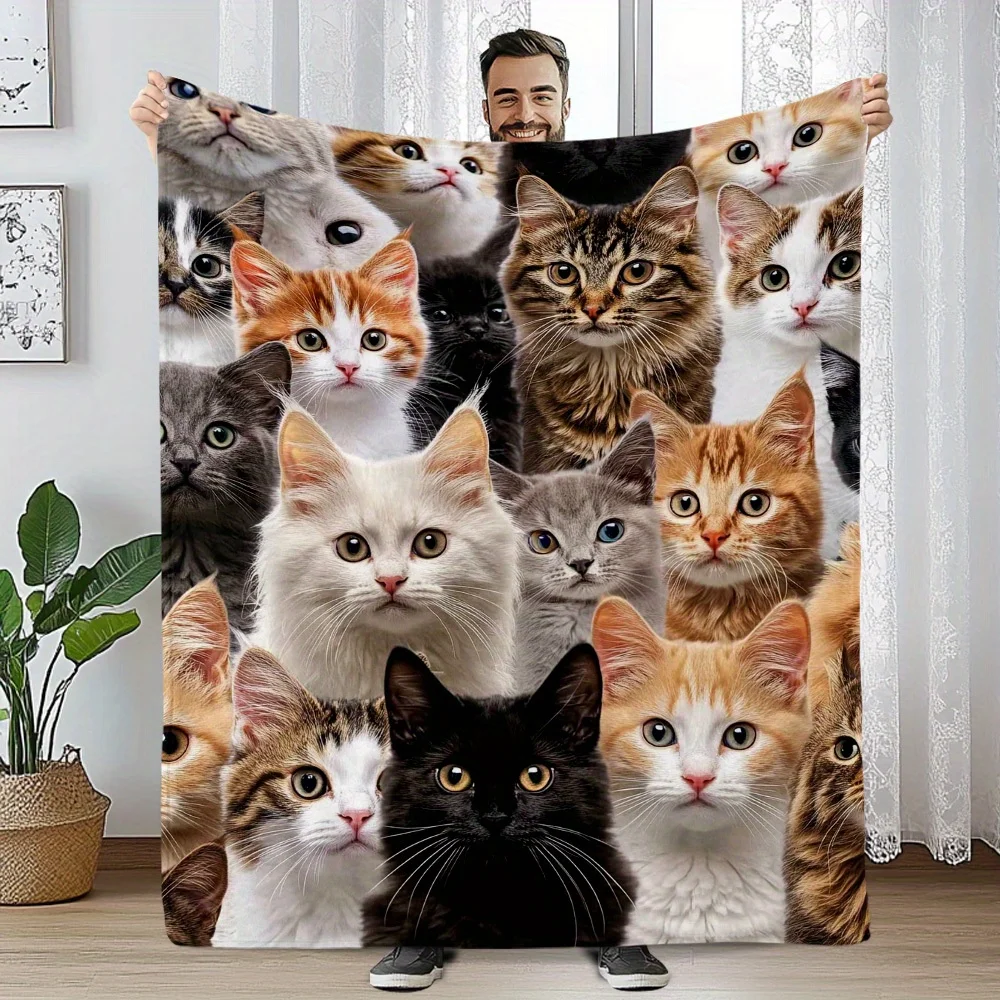 

Флисовое одеяло с милыми кошками, 3D кошачьи лица, дизайн, мягкий уютный плед, домашний декор для гостиной или спальни, подарок для любителей кошек, 60x80