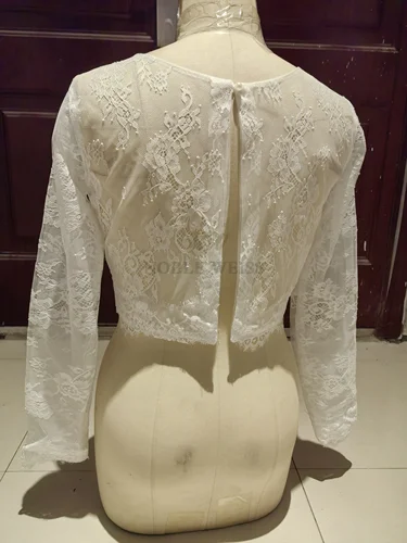 Imagen 2 del producto Abrigo nupcial de encaje suave con escote redondo, chaqueta Bolero de boda de manga larga con apliques, chal, chaquetas de boda con espalda abierta personalizadas
