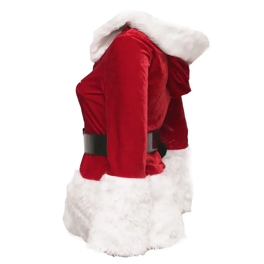 Women's Christmas Santa Costume Solid Color Long Sleeve Plush Trim Mini Hooded Dress Lady Santa Clau Waistbelt Cosplay Dresses