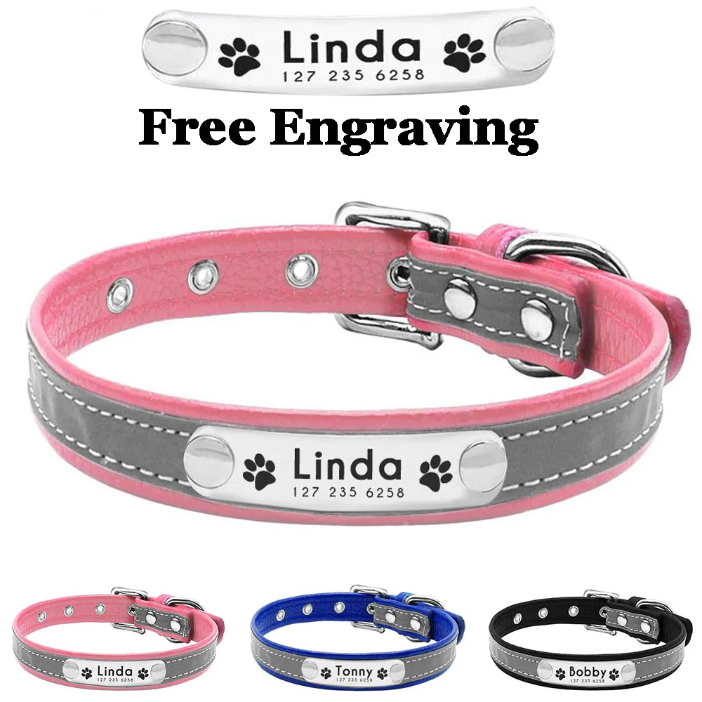 Reflective Leather Engraved Dog Collar Tag Girl Boy Cat Kitten Puppy Small Medium Adjustable Free Customization Personalized