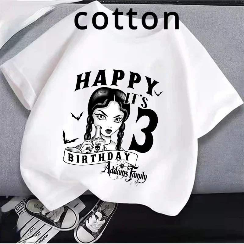 2024 New Wednesday Addams Children Clothing Anime Summer Girls Birthday Number Cotton T-shirt Cartoon Clothes Kids Top