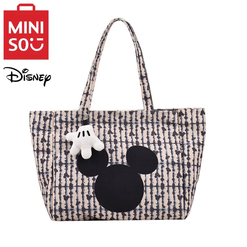 MINISO Disney Fashion Stripe Canvas Handbag Cute Cartoon Mickey Pendant Printed Large Capacity Shoulder Bag