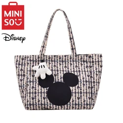 MINISO Disney Borsa a mano in tela a righe alla moda Borsa a tracolla di grande capacità stampata con ciondolo Topolino simpatico cartone animato