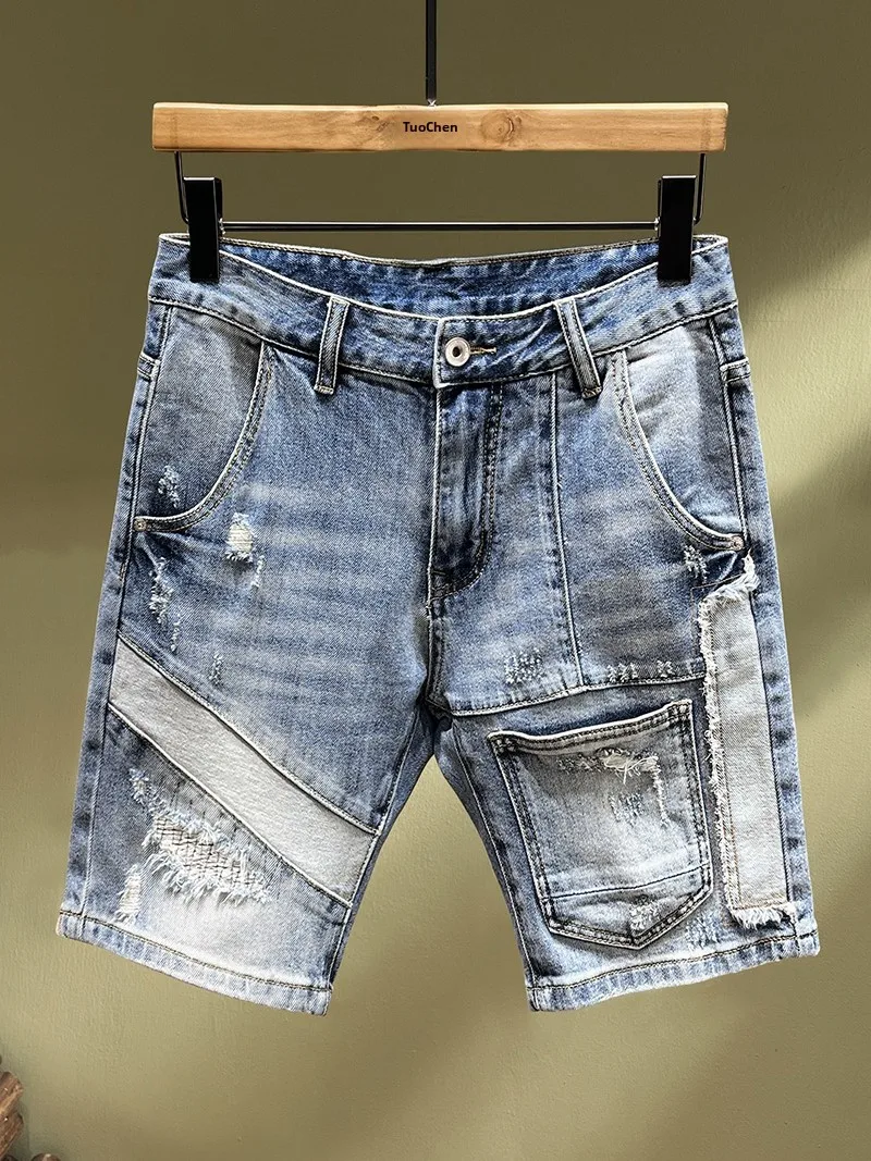 

Мужские повседневные джинсовые шорты: летняя новинка, универсальные, с цветными вставками, светлые, модные, брендовые, для отдыха