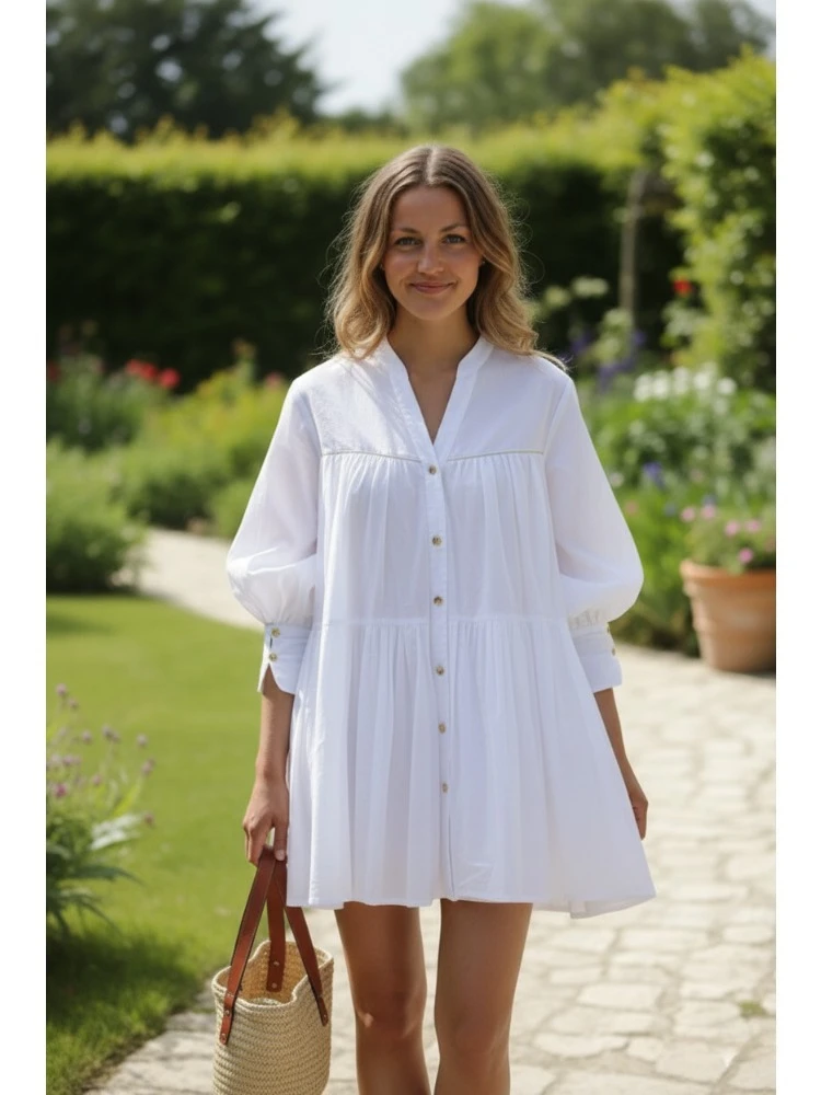 Abito da donna a camicia a pieghe con bottoni e maniche a sbuffo in cotone bianco, mini abiti casual larghi per le vacanze estive in giardino