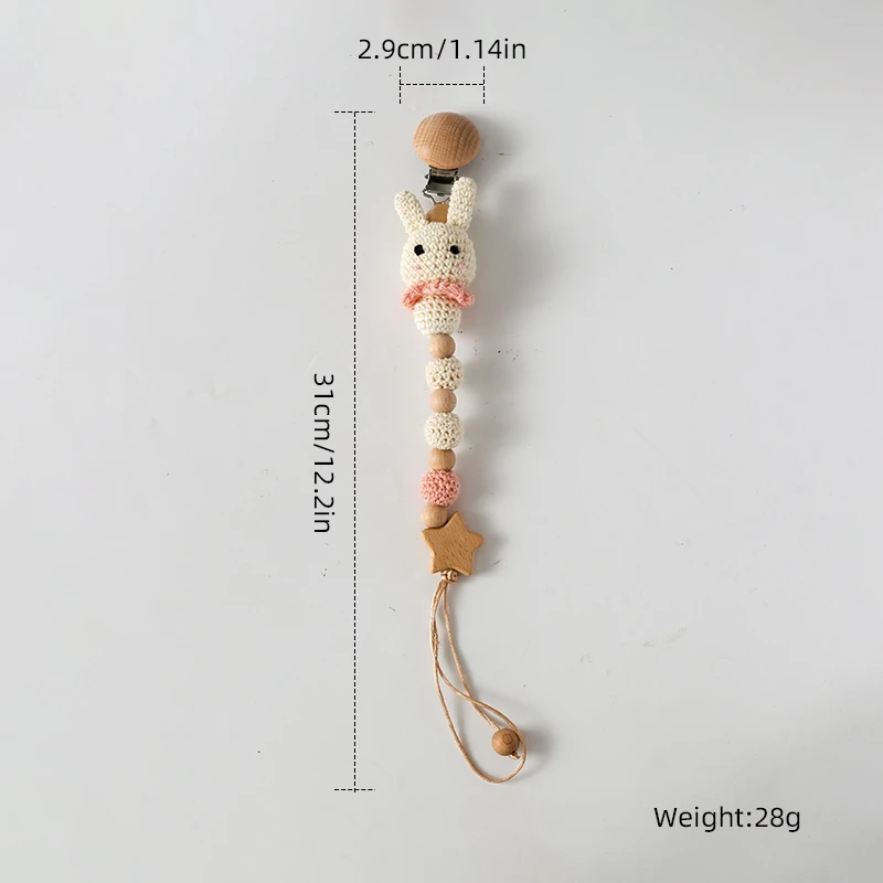 木製のかぎ針編みのバニーおしゃぶりチェーンクリップ、赤ちゃんの歯が生える、サポートホルダー、新生児製品、1個