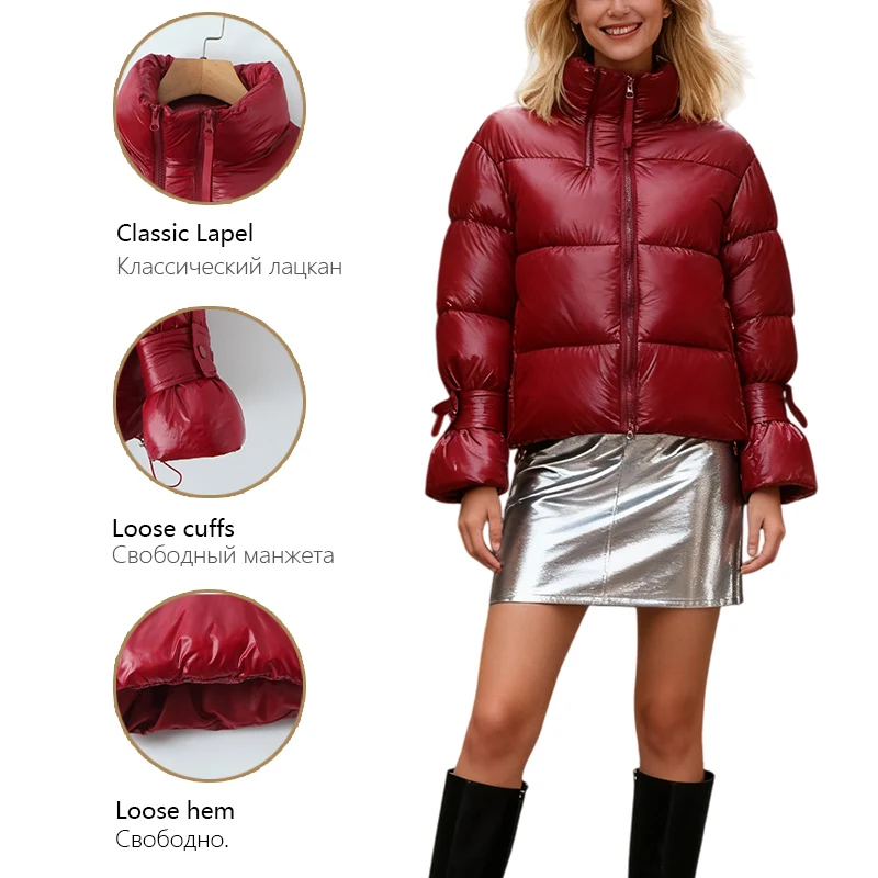 เสื้อแจ็คเก็ตพัฟเฟอร์สีแดงสำหรับผู้หญิง - เสื้อโค้ทบุนวมแบบมีซิปคอสูง แต่งผ้ามันเงา พร้อมปลายแขนปรับได้ เสื้อคลุมกันหนาวสำหรับฤดูหนาว