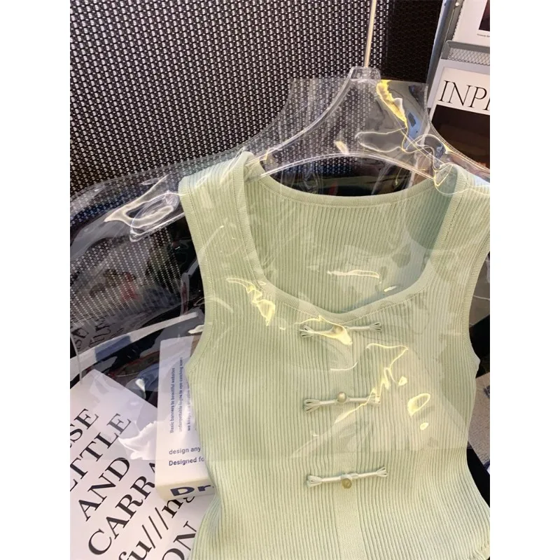 Mint Mambo Fashion Green Ice Silk Knitted Vest Women's Summer New Chic Chinese Style Button Versatile Sleeveless Top