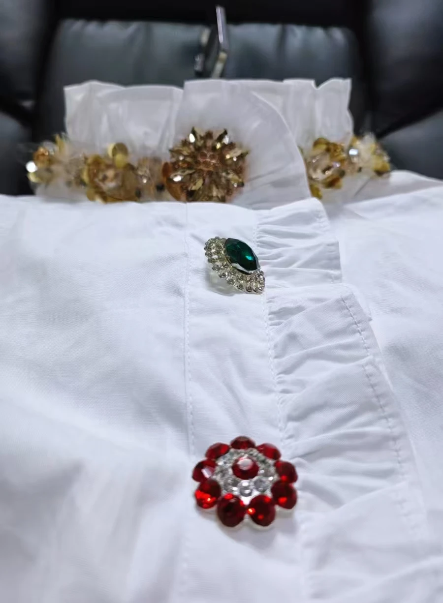 

New In Autumn Diamonds Sequins Embroidery Cotton Shirts Blouses For Women's Sweet Chic Button Up Long Sleeve White Top Blusas