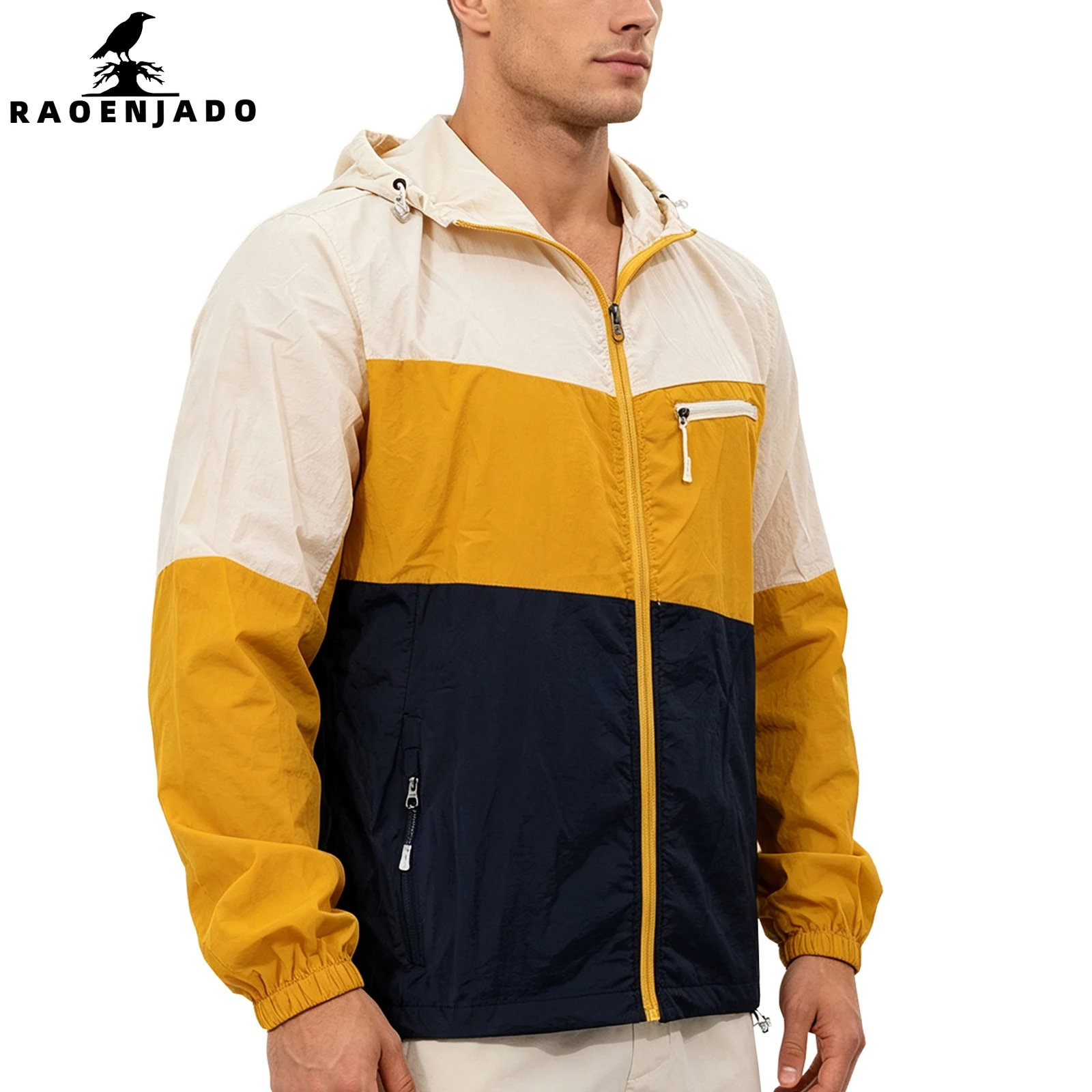 Men's UV-protective Jacket Breathable Quick-Dry Thin Coat Colorblock Windbreaker with Multiple Zipper Pockets for Outdoor Hiking