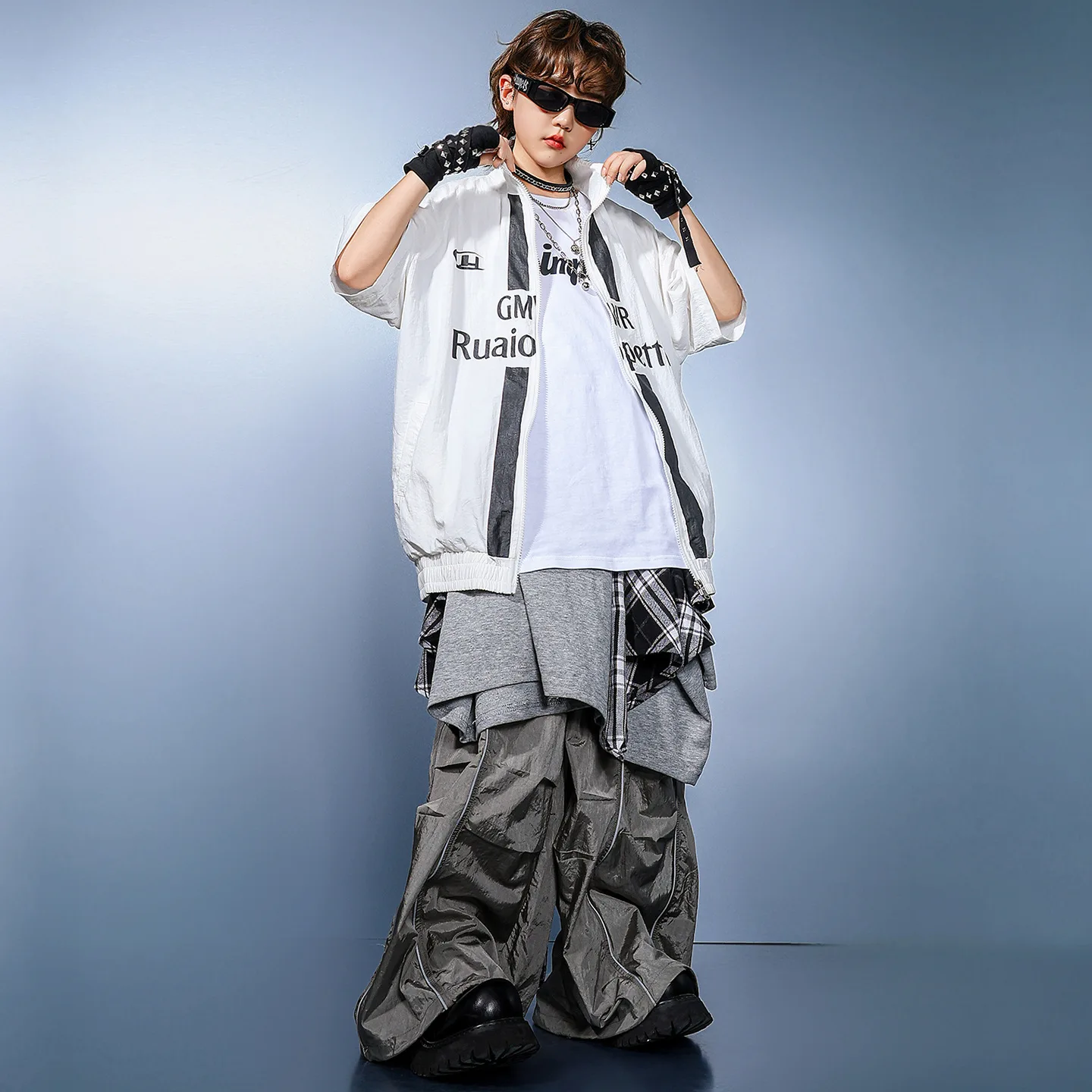 

Kid Kpop Hip Hop Clothing White Zip Up Shirt Jacket Gray Casual Wide Leg Parachute Pants for Girl Boy Dance Wear Costume Clothes