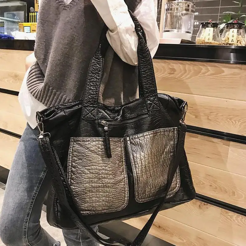 Big Soft Leather Bag For Women Large Capacity Crocodile Travel Handbags High Quality PU Casual Shopper Female Vintage Hobo Bags