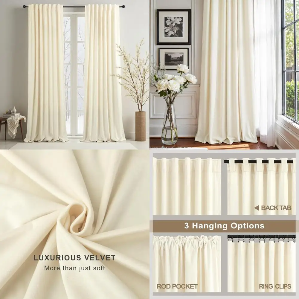 

96 штор из бархата цвета слоновой кости - 2 панели с креплением на петлях, плотные, звукоизоляционные, светопропускающие, цвета экрю для спальни и гостиной
