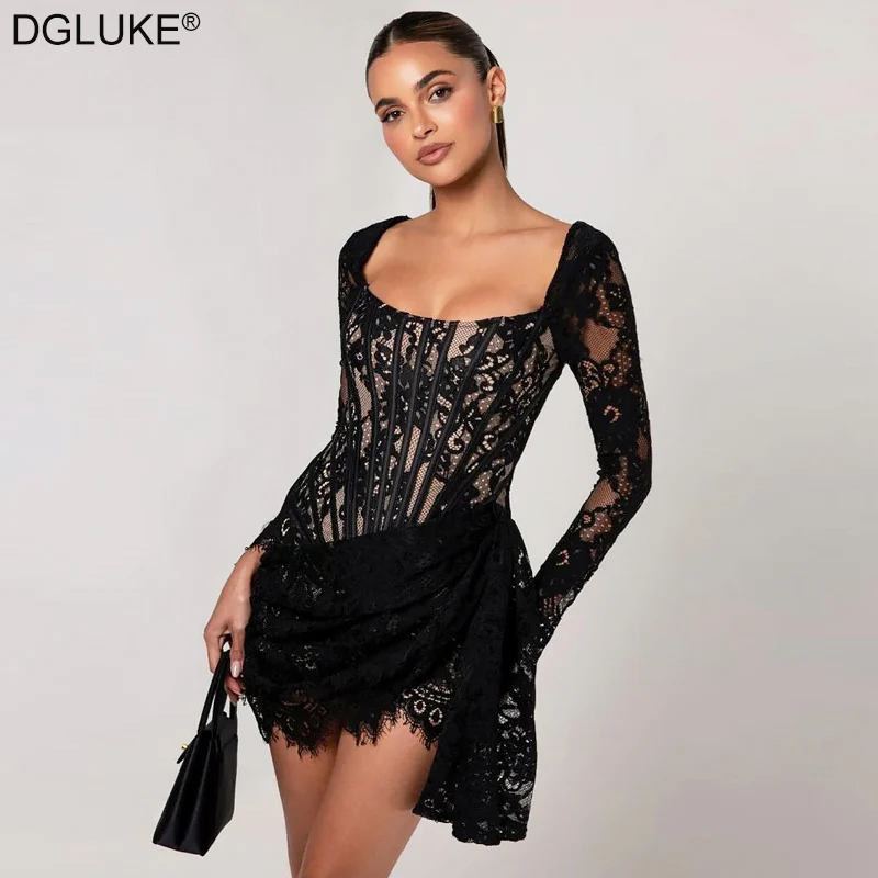 

DGLUKE Black Lace Corset Mini Dress Woman Square Collar Long Sleeve Bodycon Dress Sexy Ruched Draped Short Party Dress