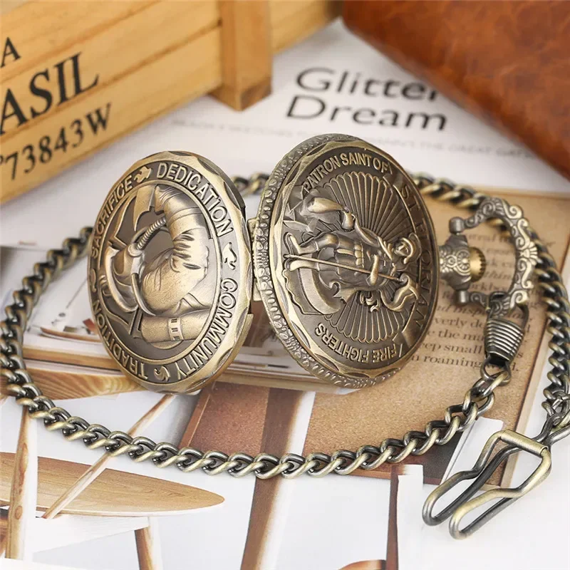 Steampunk Saint Florian Patron Saint of Fire Fighters Design Antique Quartz Analog Pocket Watch Full Hunter Necklace Fob Chain