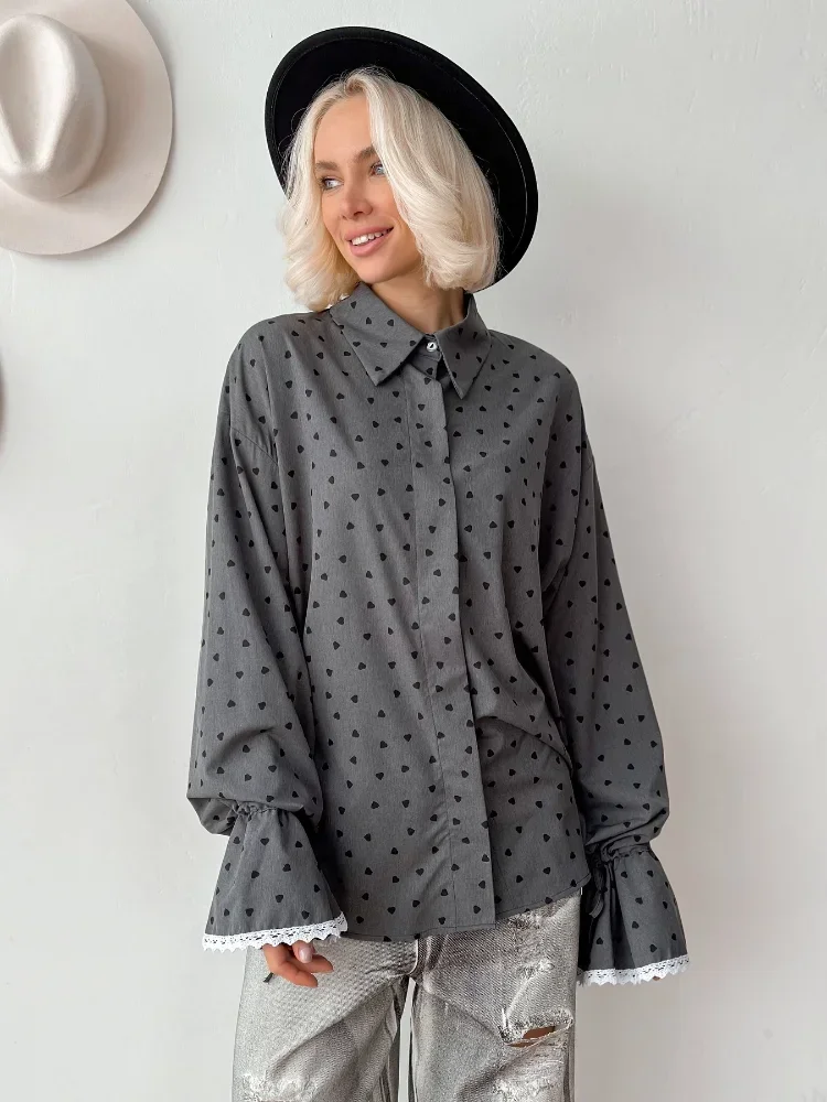 

Women's Elegant A-line Printed Blouse Trendy Heart Polka Dot Print Puff Sleeve Slim Top 2026 Spring Office Smart-casual Wears