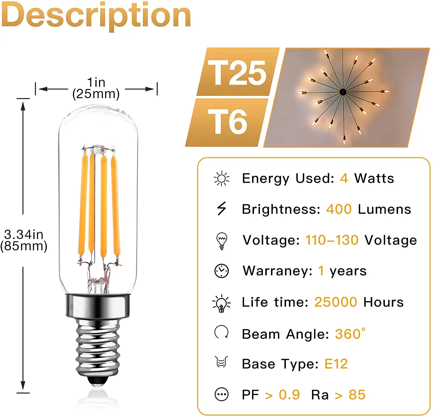 Imagem -05 - Lâmpada Led Tubular para Candelabro Pendente Lâmpadas Reguláveis de Edison t6 E14 E12 Base de Candelabro Mini Lâmpadas de Tubo T25 4w Pcs