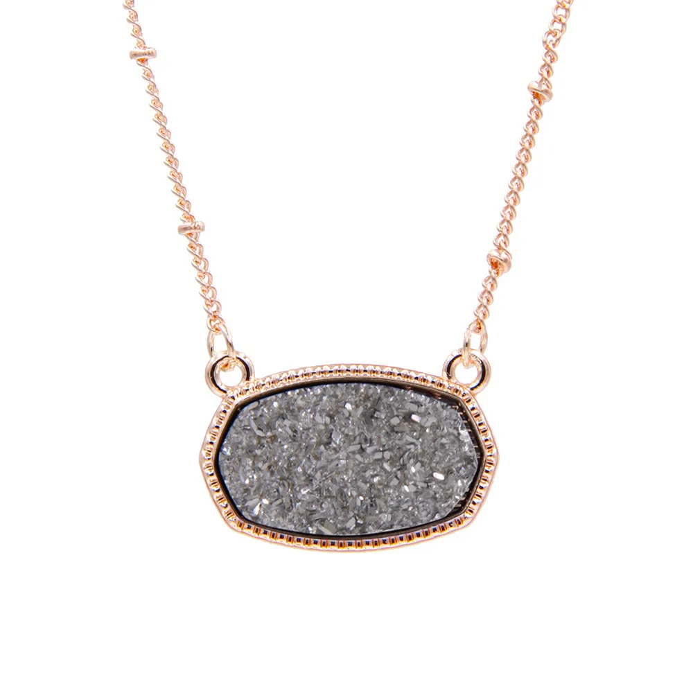 Resin Oval Druzy Pendant Necklace Rose Gold Color Chain Drusy Hexagon Style Collar Luxury Designer Brand Jewelry for Women