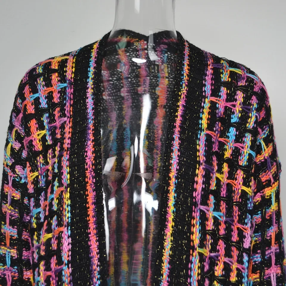 Women Colorful Cardigan Long Sleeve Knitted Open Front Loose Warm Sweater Coat with Tassel Floor Length Autumn Winter Jackets