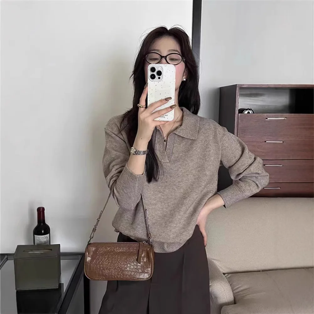 سترة بياقة للنساء لخريف وشتاء 2025 سترة كلاسيكية على طراز هونج كونج على طراز كسول سترة محبوكة غير رسمية للنساء #3