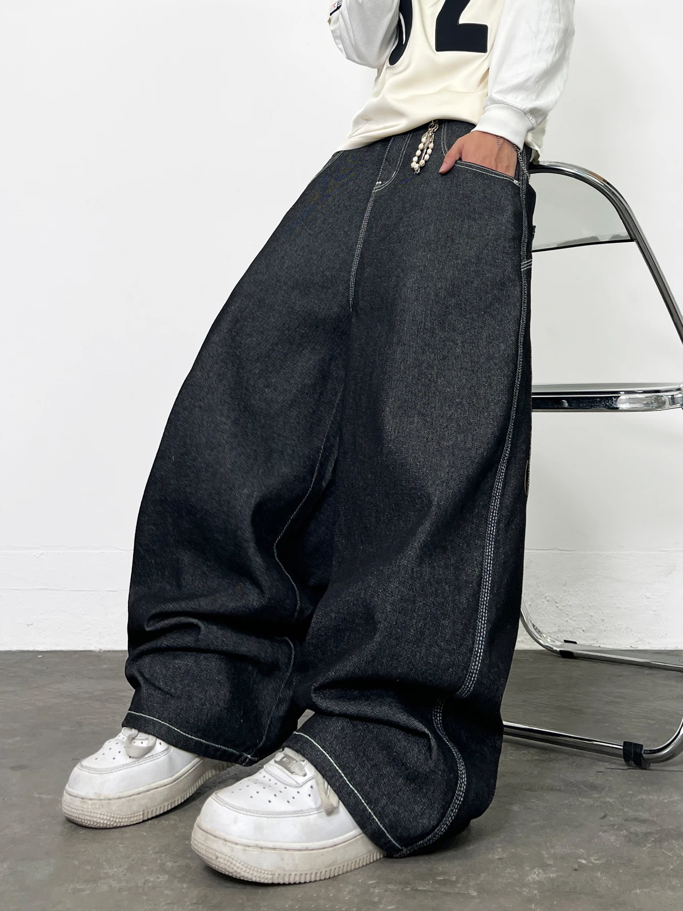 Men's Jeans Vintage Black Baggy Wide Jorts, Trendy Y2K Streetwear Men's Denim Pants, Men's Drop-Crotch Pants, All Seasons
