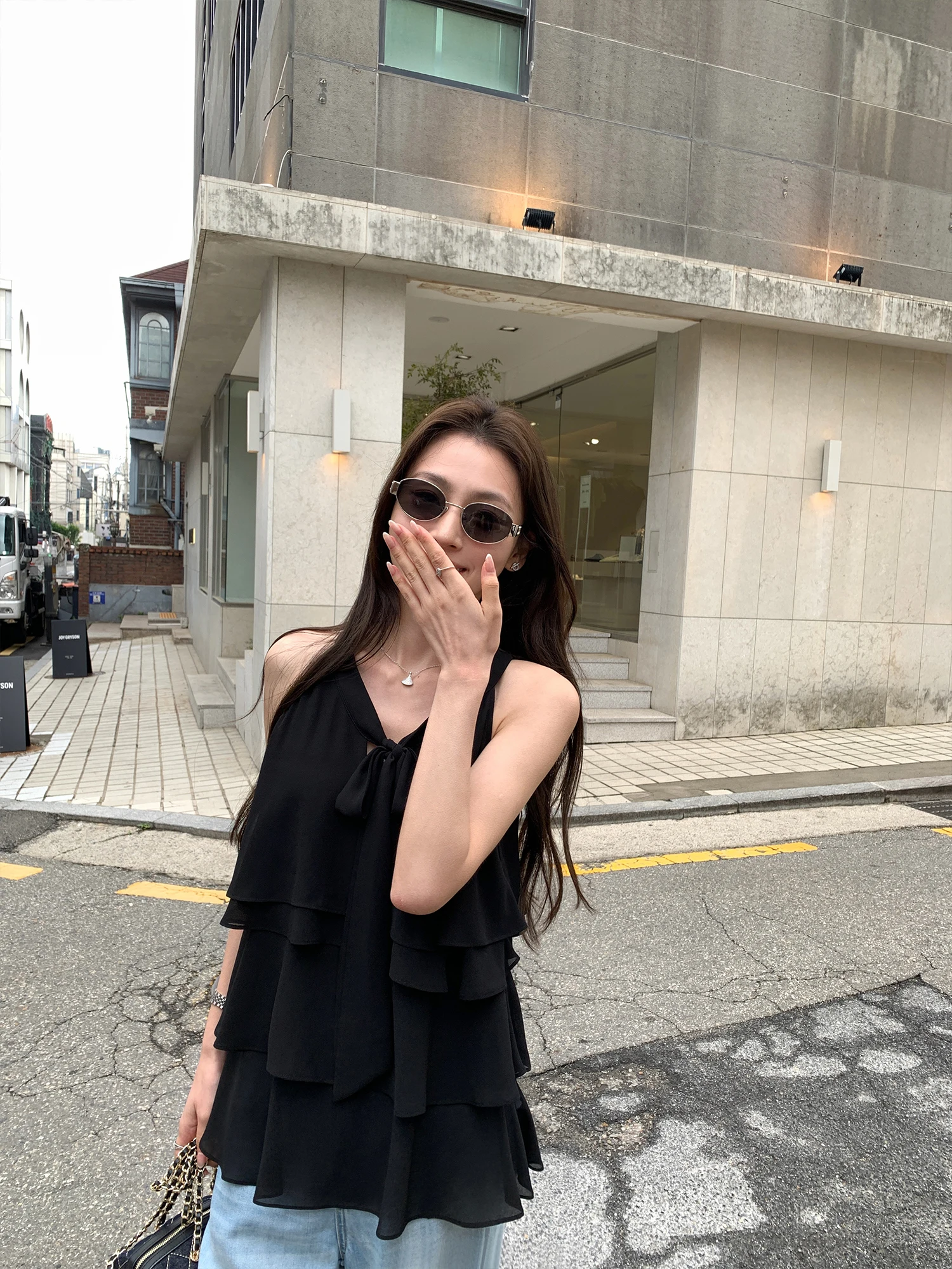 Pusumede Cloud Silk Gentle Wind Lotus Leaf  Sleeveless Neck Hanging Top Women Outerwear Belted Vest Small Shirt