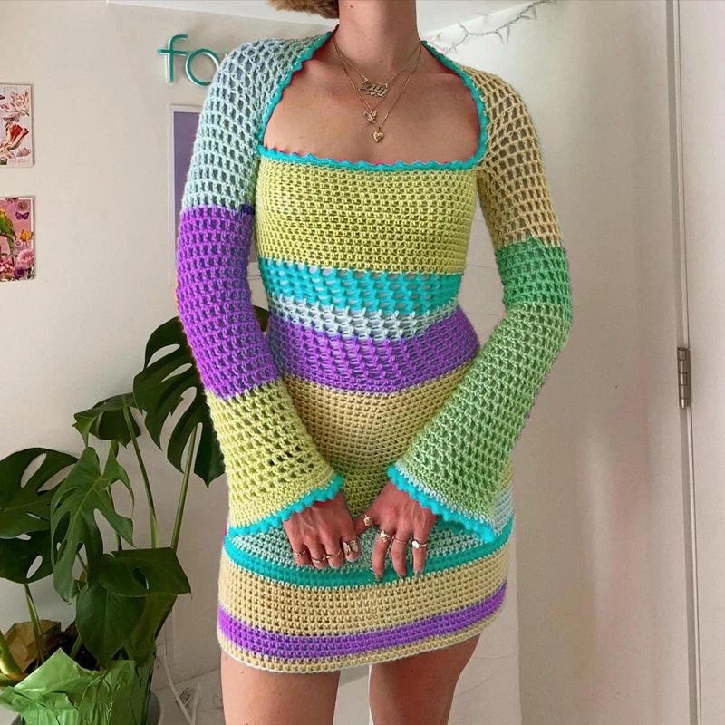 Colorful Patchwork Hollow Out Crochet Mini Dress Chic Women Long Sleeve 90s Vintage Aesthetic Knitted Dress Y2K Fairycore