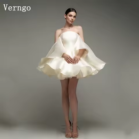 Verngo Champange Satin Mini Prom Gown Off The Shoulder A Line Party Dress Women Ball Gown Elegant Short Evening Dress Customized