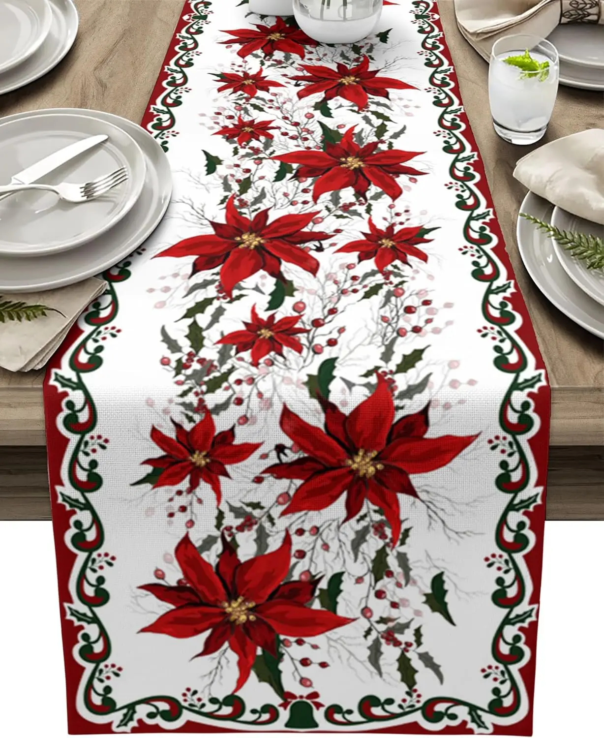 Christmas Poinsettia Flower Berry Linen Table Runner Dresser Scarves Winter Xmas Kitchen Table Runner Navidad Decorations 2025