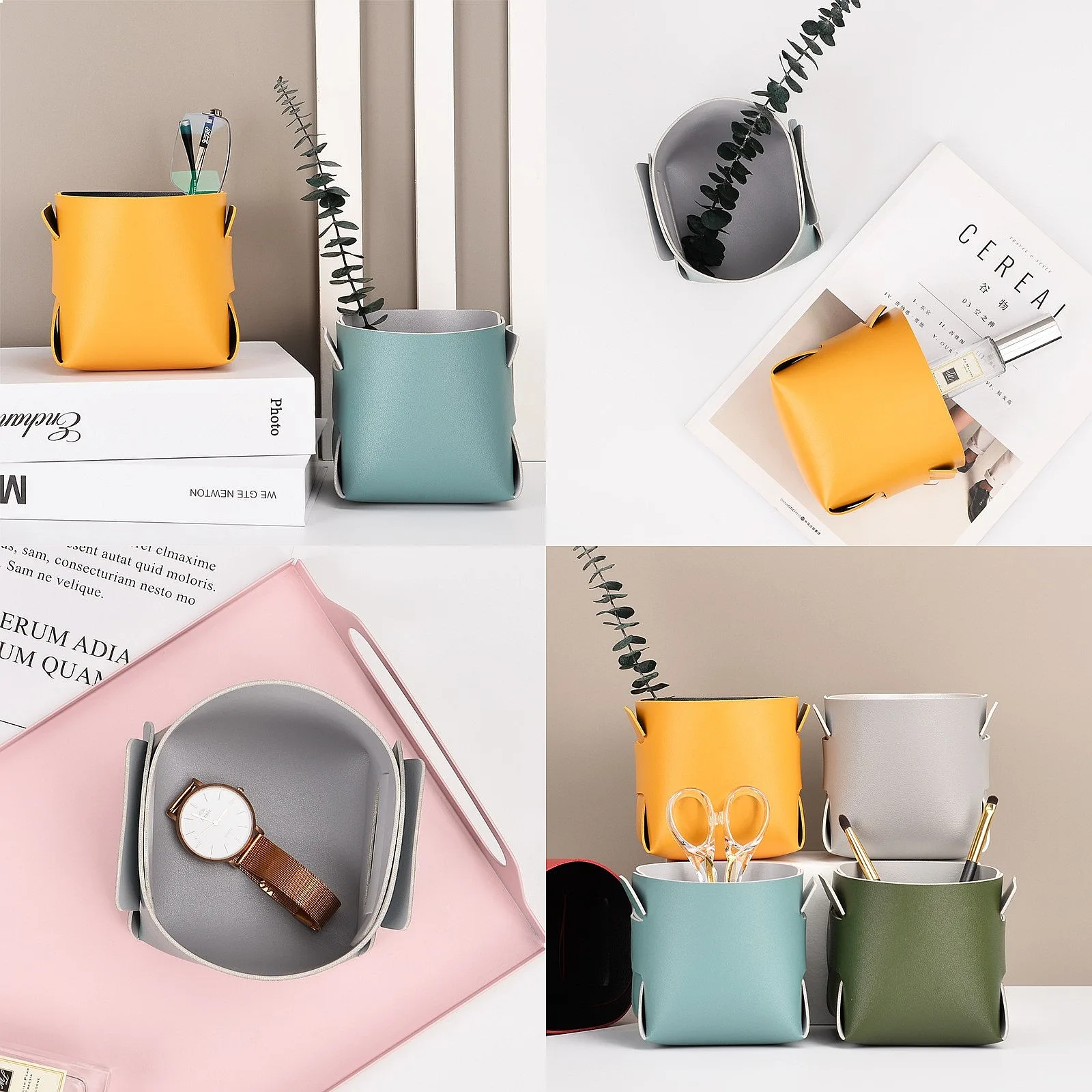 Premium Leather Organizer for Keys, Cosmetics, Headphones, Remote - Desk Catchall Entryway Basket