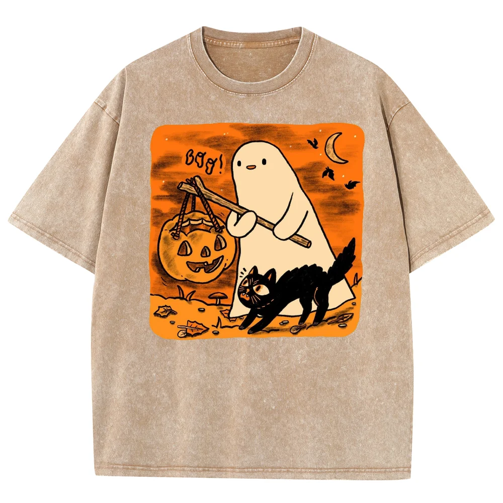 Halloween Black Cat Ghost Print Couple T-Shirt Oversized Wash Cotton Short Sleeve Cute Funny Style Fashion Tees y2k