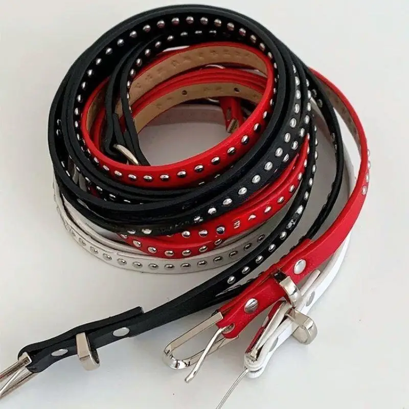 인스 패션 더블 벨트 PU 가죽 벨트 다용도 개성 스파이스 걸 액세서리 벨트 펑크 리벳 가죽 얇은 더블 벨트