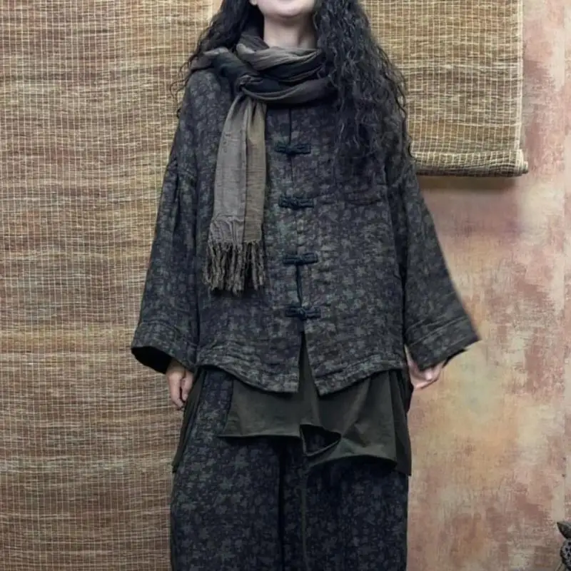 Spring Autumn Arts Style Women Batwing Sleeve Stand Collar Print Jackets Vintage Single Breasted Loose Coats High Quality S452