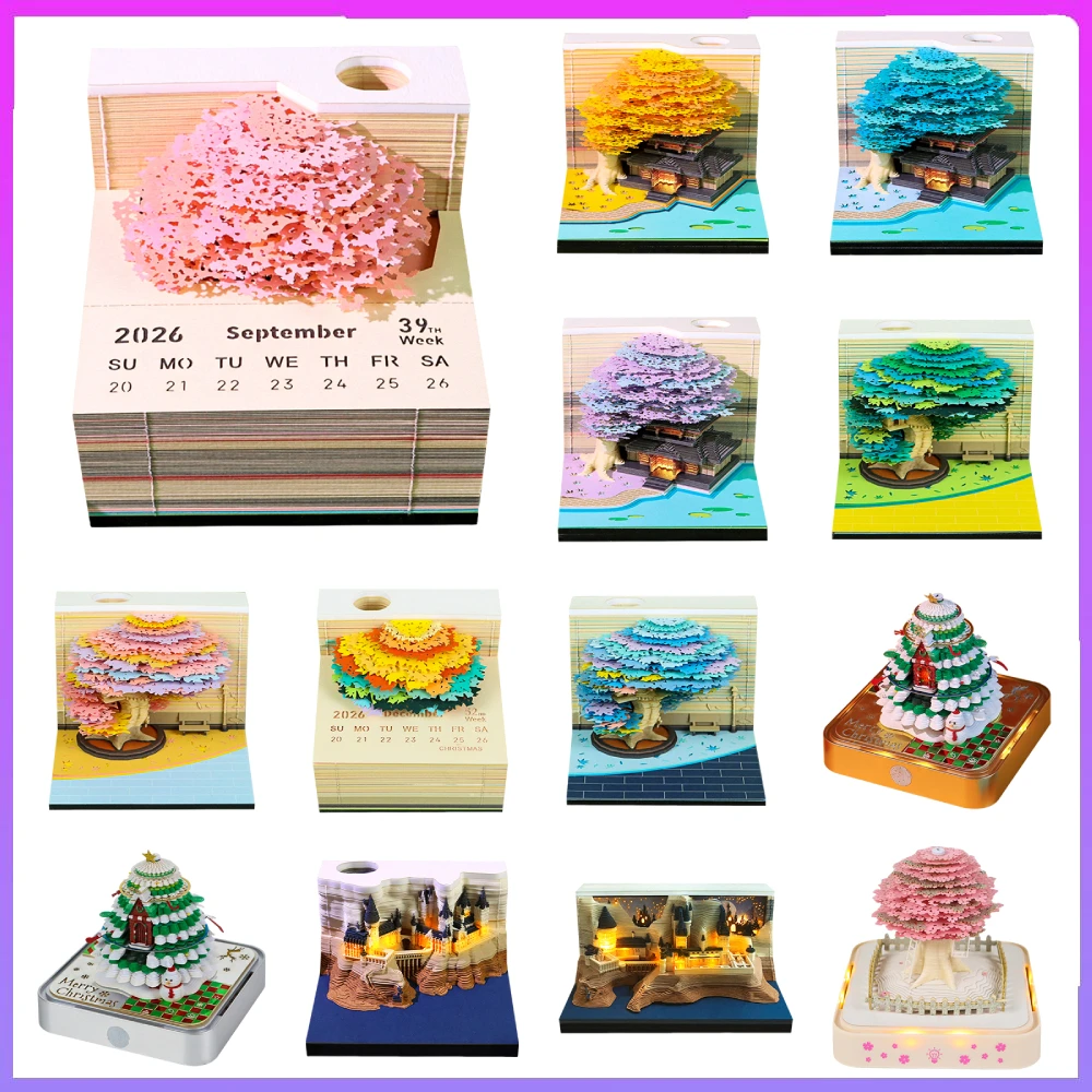 

Time Piece Calendar 2026 Desk Calendar with Led Light 3D Calendar 2026 Paper Carving Art Memo Pad Notepad for Christmas Gifts