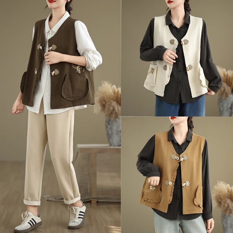 

Retro Embroidered Cotton ort Vest Women's Loose Fit Artistic Simple Sle Versatile Top for Autumn 2025 by Meimei Da