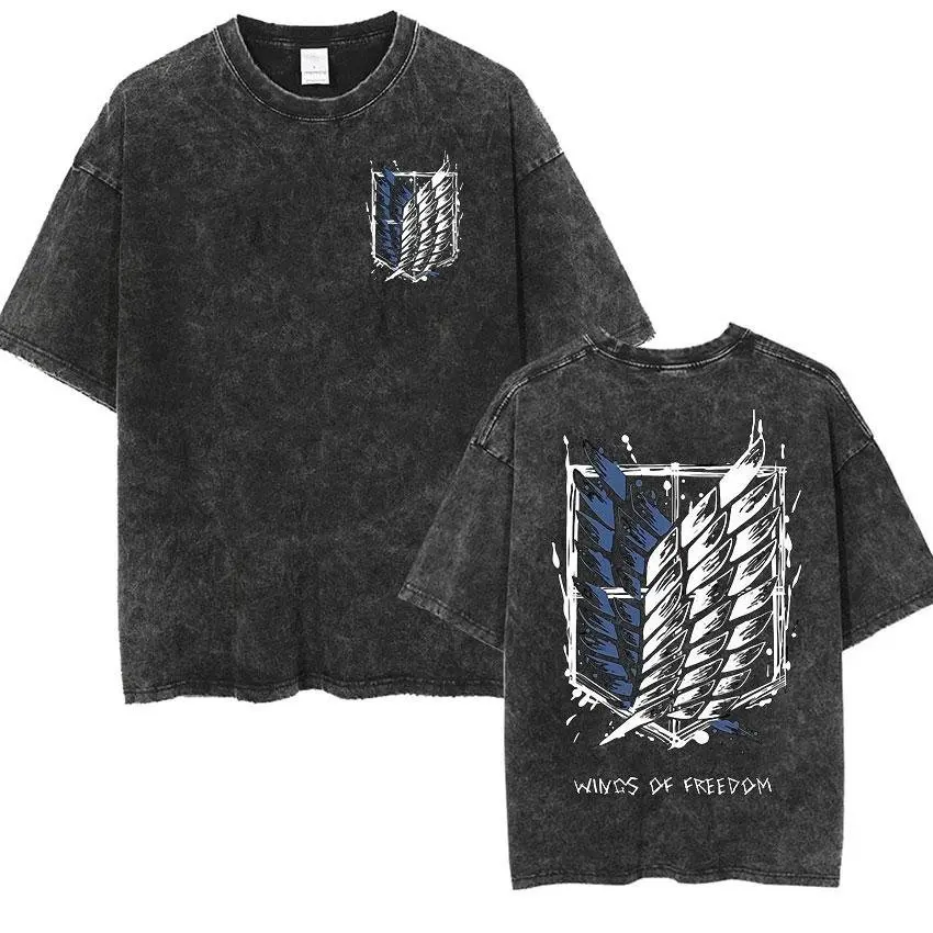Camiseta Oversize Vintage Lavada 2026 para Hombre y Mujer, Manga Corta, Estampado Anime Ataque a los Titanes, Estilo Urbano, Tops Casuales de Verano Y2K