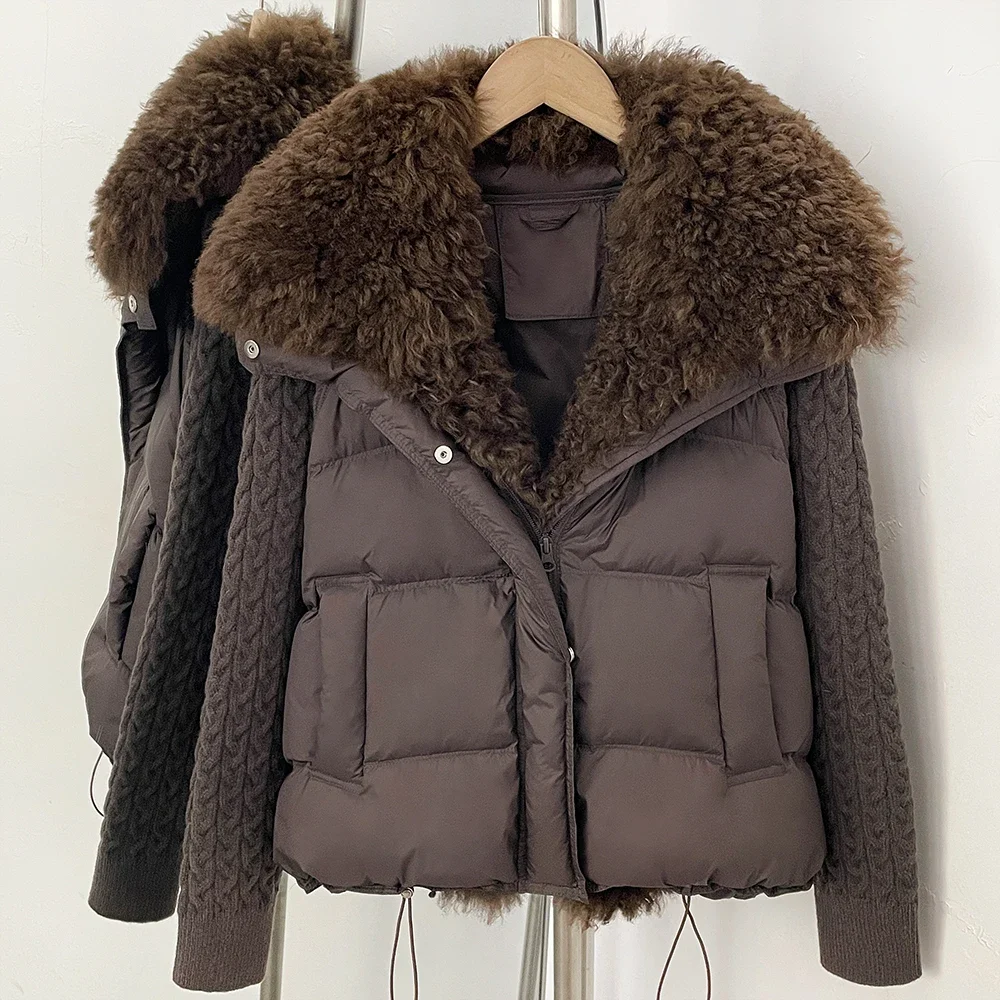 OFTBUY Damen Neue Winter Echt-Lammfellkragen Daunenjacke Natürlicher Pelz Enten-Daunenjacke Damen Mode Kurze Warme Oberbekleidung – Detail 9