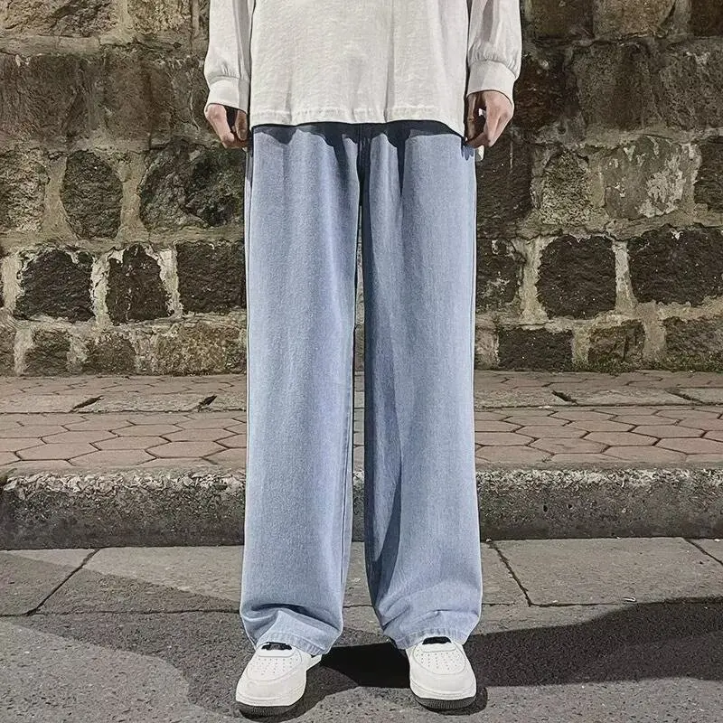 Fashion Men's Solid Color Drape Jeans Loose Straight Korean Vintage High Street Hip-hop Y2K Casual Daily Dragging Wide-leg Pants