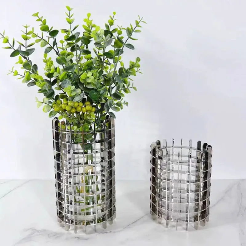 Modern light luxury geometric grid hollow cylinder vase office home accessories