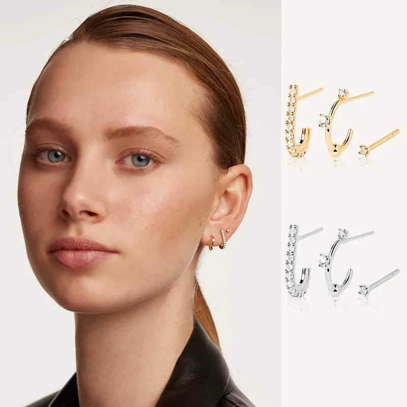 

Single-ear Three-piece S925 Silver Zircon Stud Earrings Light Luxury High-end Earrings Women's Asymmetrical Ear Buckles