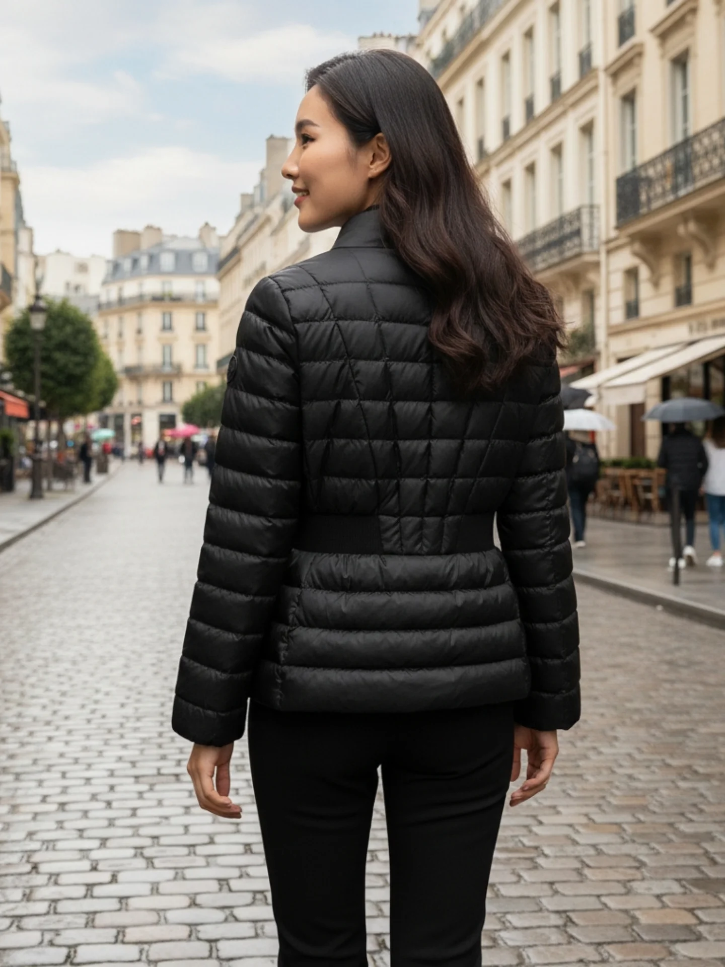 

Elastic Bull Tendon Waist Belt Slim Fit Goose down Jacket Double Collar Design Elastic Waist Control Slimming Effect Black White