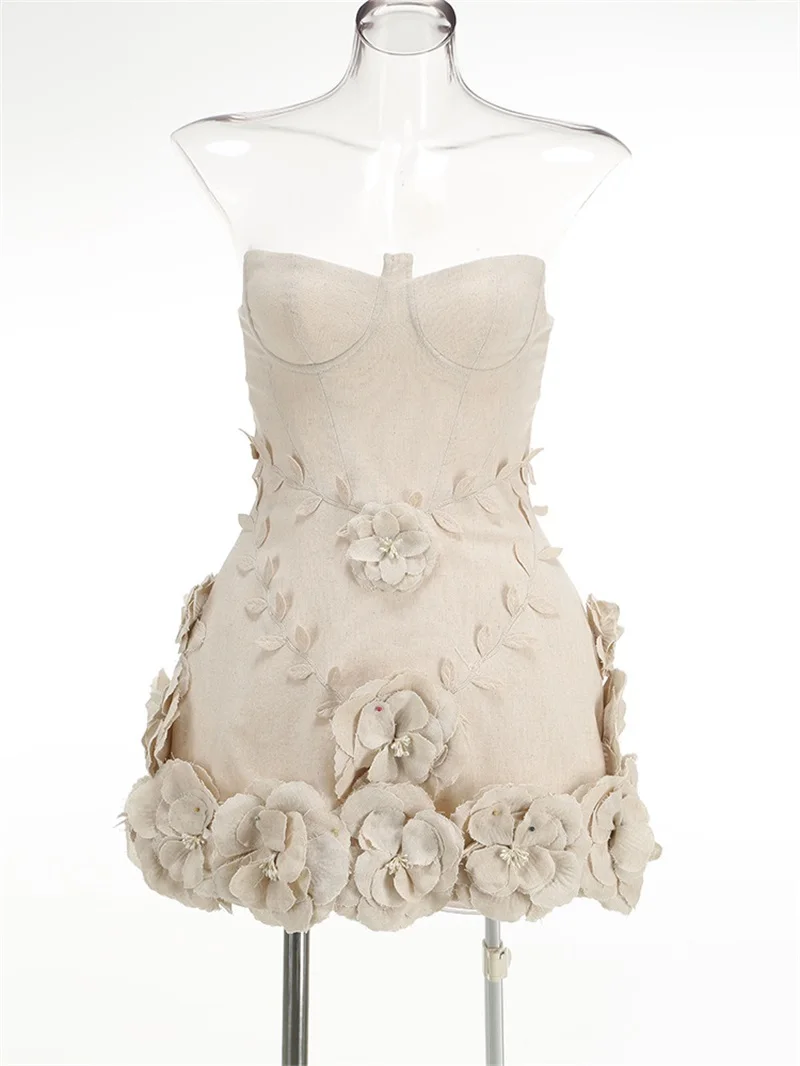 Beige Evening Dress Sexy Strapless Sleeveless Short Mini Party Robe 3D Flower Formal Birthday Red Carpet Puffy Prom Gown