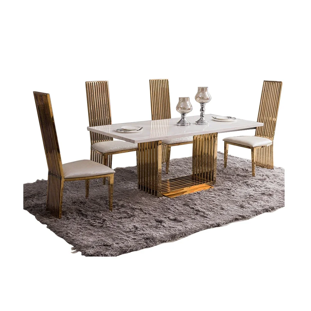 MANBAS Luxury Modern Dining Table Set with High-Back Gold Metal Chairs, Marble Table, Elegant Design for Kitchen and Dining Room