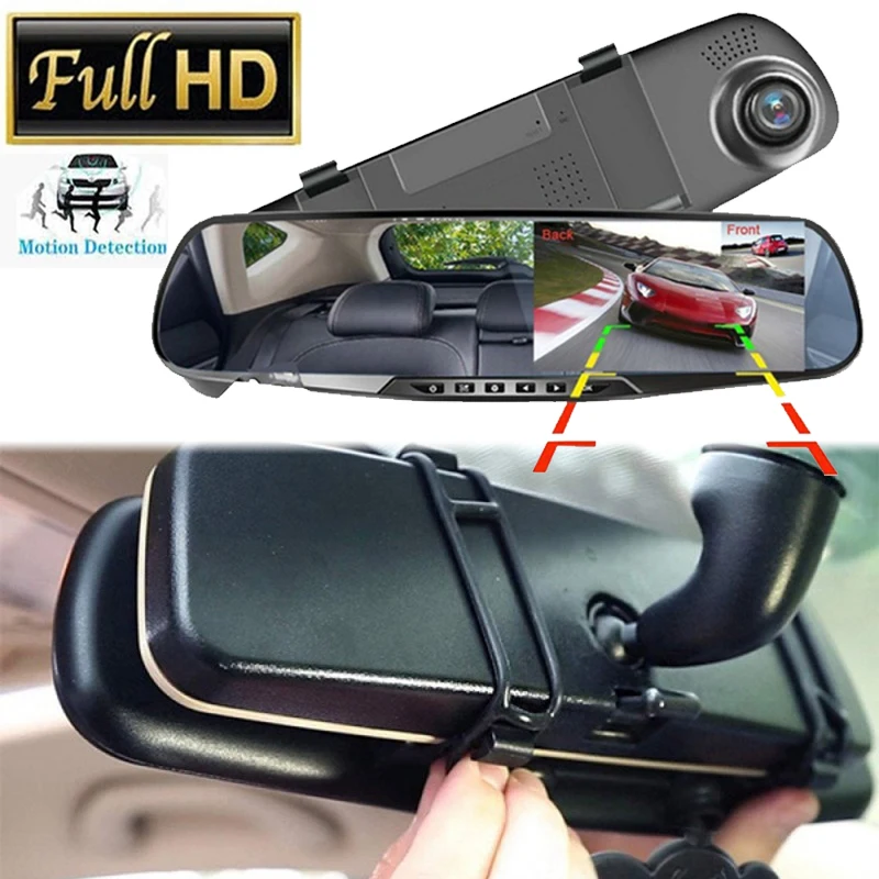 espelho retrovisor gps camera do carro traco cam gravador de video de conducao 43 polegada hd dual camera traseira de lente dupla gravador de video de gravacao 01