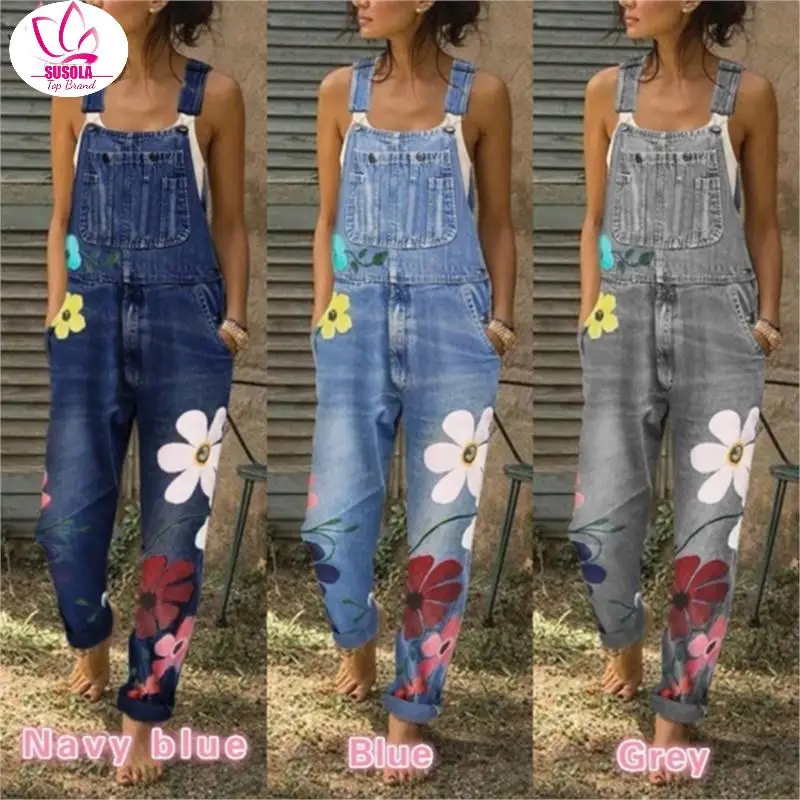 Women Floral Print Jeans Pants Trend Autumn Straps Neck Light Washed Romper Pockets Overalls Loose Sleeveless Denim Jumpsuit