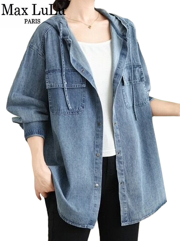 Max LuLu Fall 2024 Loose Leisure Hooded Denim Shirts Womens Vintage Females Classic Oversized Blouses British Fashion Punk Tops